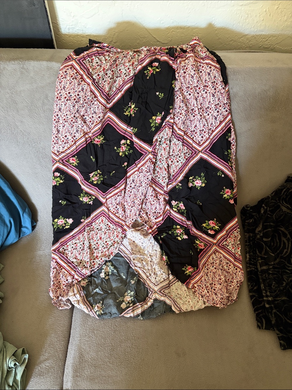 Patchwork Floral Midi Skirt in Black and Pink